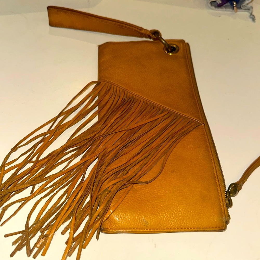 HOBO Mustard Yellow Leather Fringe Wristlet Clutch